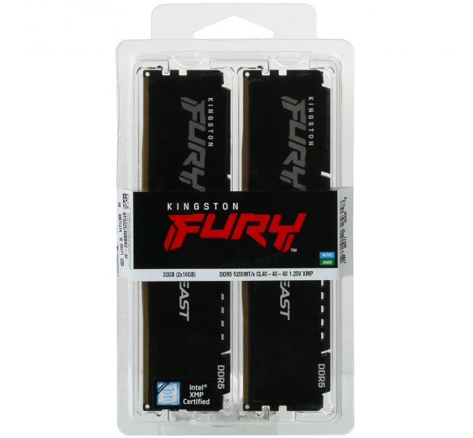 Оперативная память Kingston Fury Beast Black, DDR5, 32Gb (1x32 GB), 5200 MHz, CL40, радиатор, RGB