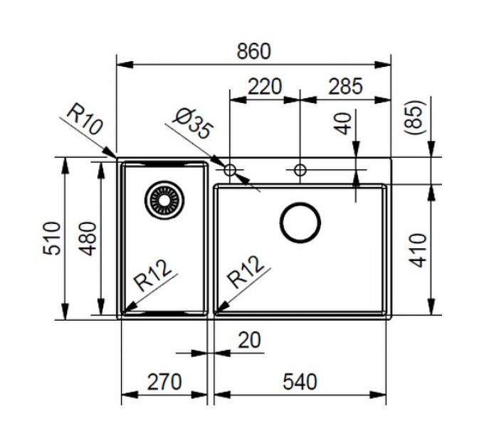 Мойка Franke Box Center BWX 220-54-27 TL, рабочий центр слева (127.0538.260)