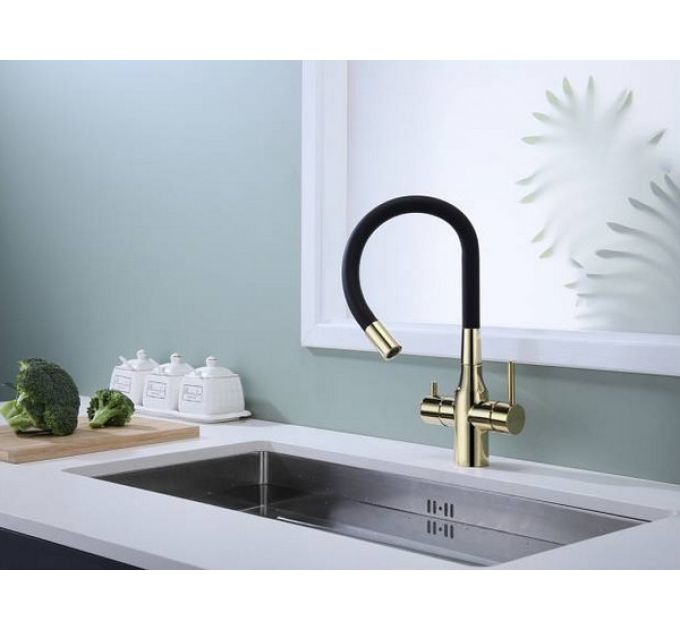 Смеситель Paulmark Salix Sa213419-G, золото, черный шланг