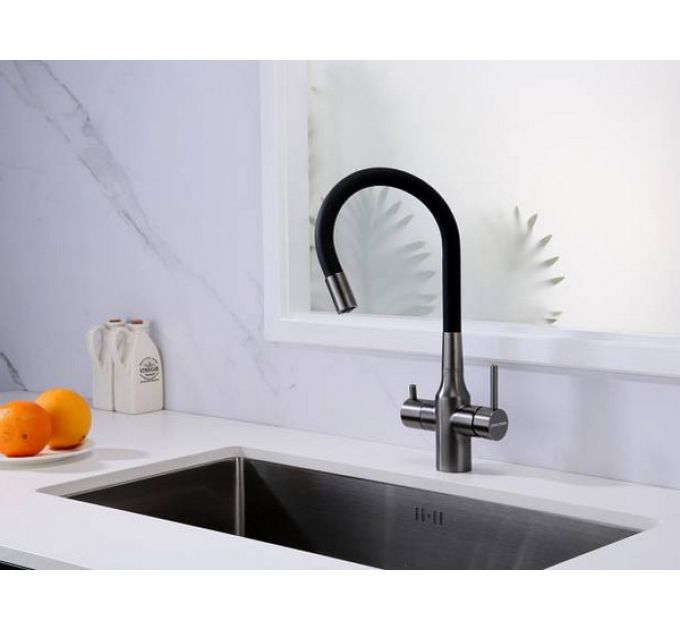 Смеситель Paulmark Salix Sa213419-GM, вороненая сталь, черный шланг