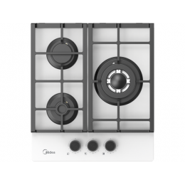 Варочная панель Midea MG449TGW газовая 45 см, 3 конфорки, белая, стекло, чугун, автоподжиг, SKU 27610