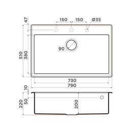 Мойка Omoikiri Tedori 79-BL 34984 Tetogranit 10мм 790x510мм черный