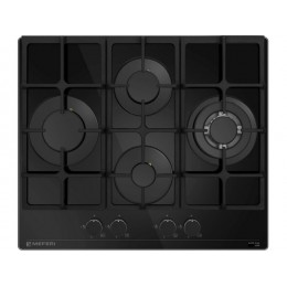 Варочная панель MEFERI MGH604BK GLASS ULTRA 60 см, газовая, черная, 4 конфорки, электроподжиг, чугунная решетка, SKU 29312