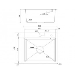 Мойка Ukinox 35255, 500x450 мм, 1 чаша, врезная, нержавеющая сталь.