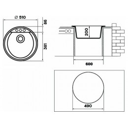 Мойка Longran Ultra ULS460 (SKU 28760) - Гранит, Ø 460 мм, Врезная, 60 см+