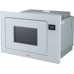 СВЧ-печь Midea MI10257GW 60 см, белая, 25 л, 900 Вт, сенсорное управление, кварцевый гриль, 8 автопрограмм, LED освещение, нержавеющая сталь, SKU 30967.