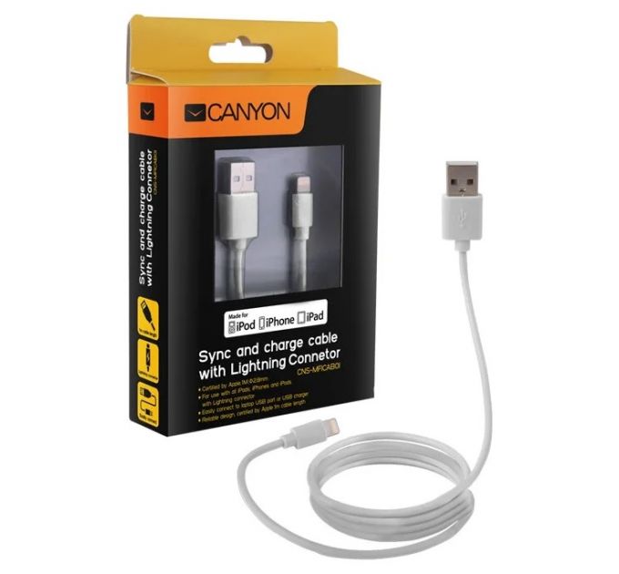 Кабель Apple Lightning коннектор USB2.0, 1.0m, CANYON CNS-MFICAB01W