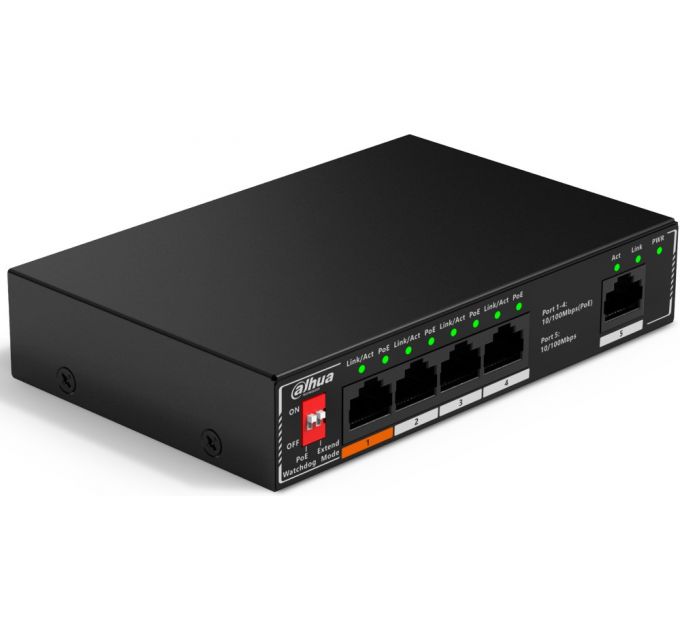 Неуправляемый 5-портовый коммутатор с РоЕ DAHUA DH-SF1005P, 4xRJ45 100Mb PoE, 1xRJ45 100Mb uplink, суммарно 60Вт, коммутация 1.8 Гбит/с, MAC-таблица 2K, металл