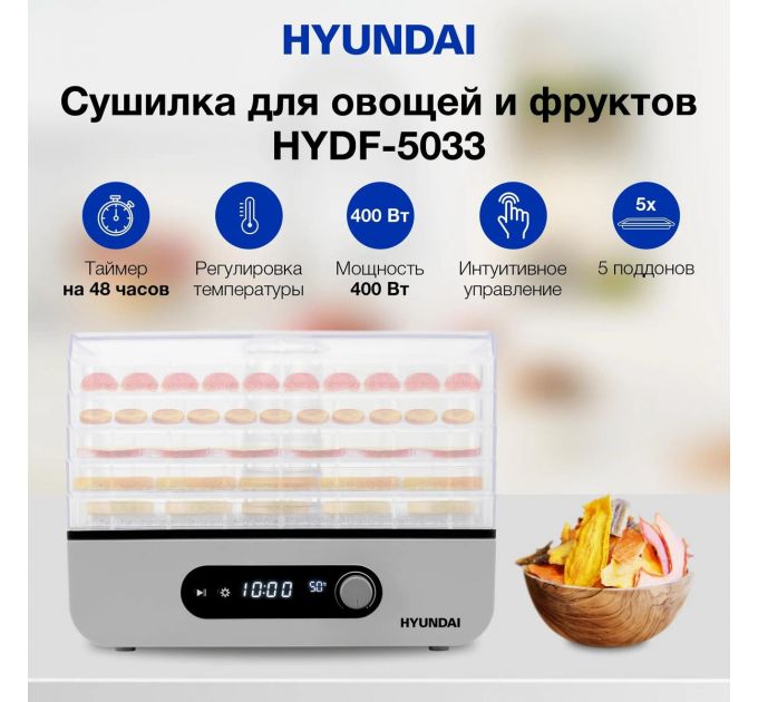 Сушка для фруктов и овощей Hyundai HYDF-5033 5под. 400Вт серый