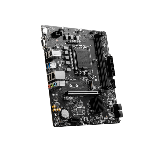 Материнская плата MSI PRO B760M-E DDR4, LGA 1700, Intel B760, 2xDDR4, 4xSATA, 1xM.2, 1xPCI-E 4.0 x16, 1xPCI-E 4.0 x1, 1xHDMI, 1xVGA, 1x1Gb LAN, 2xUSB-A 3.2 Gen 1, 4xUSB-A 2.0, 3x3.5 мм, 7.1, Micro-ATX