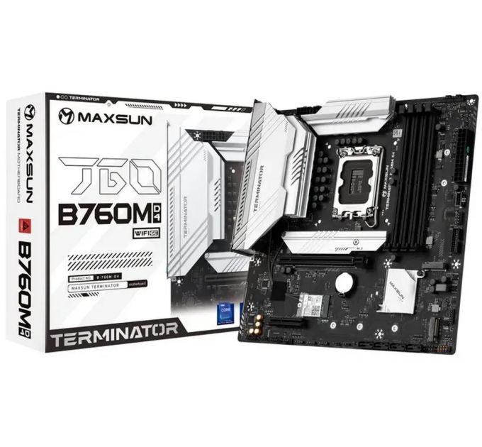 Материнская плата Maxsun MS-Terminator B760M D4 WIFI6E 1700, B760, 4xDDR4, 1xPCIEx16,1xPCIEx4,3xM.2, Front1xType-C,2xUSB3,2xUSB2, Rear2xUSB3,6xUSB2, 4xSATA3, 2,5GLan, HDMI+DP, mATX, RTL