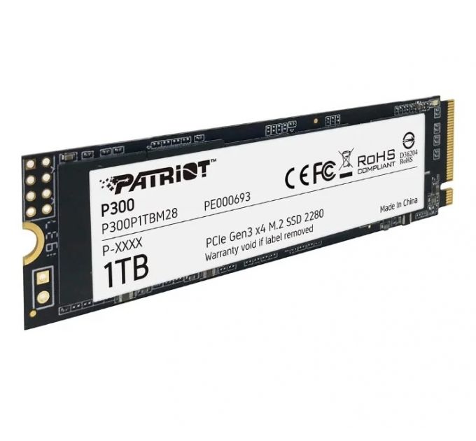 Накопитель SSD M.2 Patriot P300P1TBM28 1.0TB, PCI-E 3.0 x4, up to 2100/1650MBs, 290000 IOPs, 3D TLC, SMI2263XT, TBW 320TB, 22х80mm