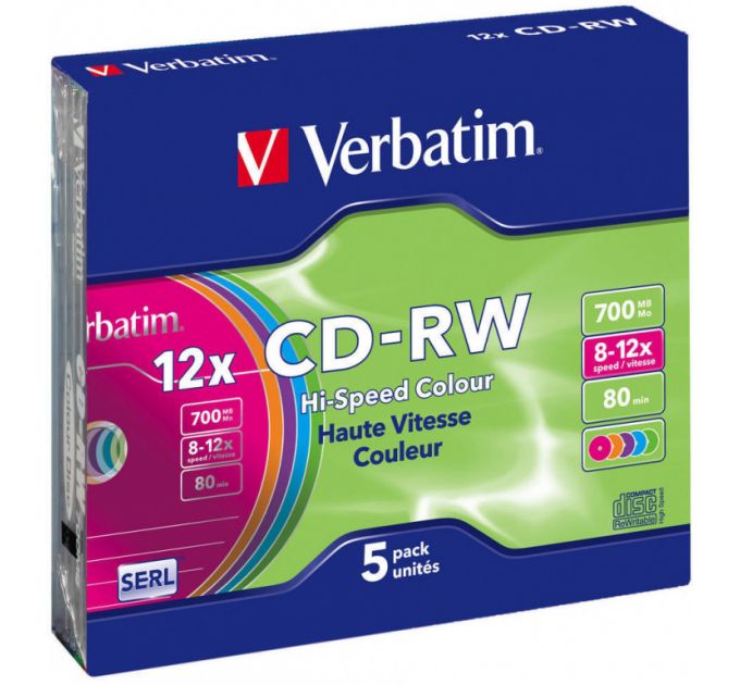 CD-диск Verbatim 700МБ 8x-12x Slim, цветные (5шт)