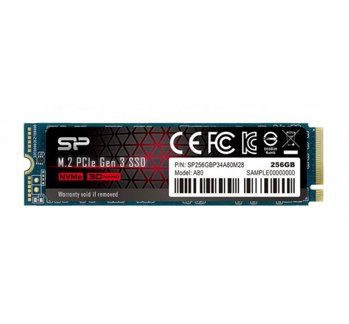 Накопитель SSD M.2 2280 Silicon Power SP256GBP34A80M28 P34A80 256GB PCI-E x4 NVMe 3200/3000MB/s 3D TLC NAND MTBF 2M