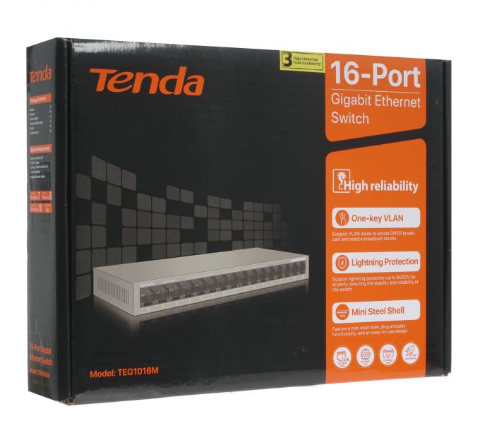 Коммутатор Tenda TEG1016M неуправляемый 16-портовыйGigabit Ethernet