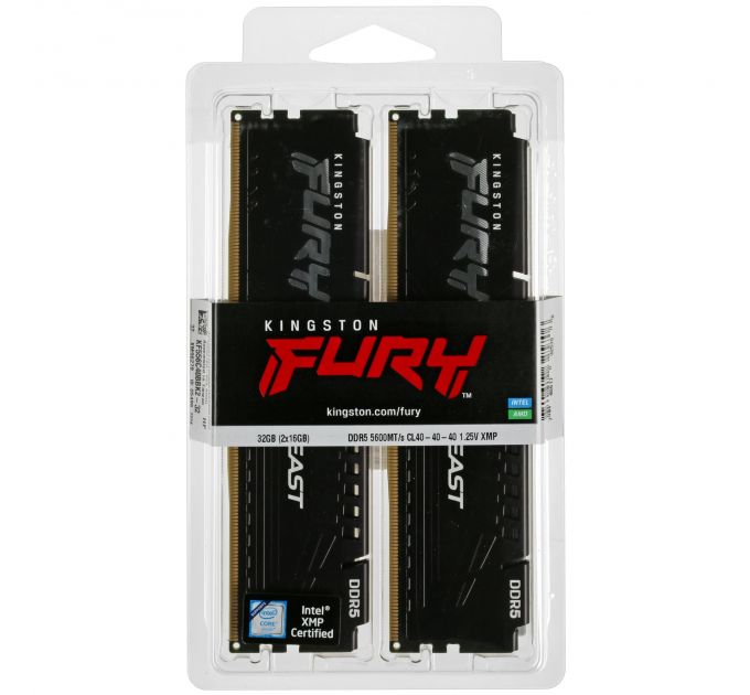 Оперативная память Kingston Fury Beast, DDR5, 32GB (2x16GB), 5600MHz, CL36, DIMM, с радиаторами, RGB