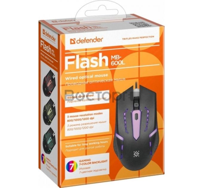 Мышь проводная Defender Flash MB-600L черный,4кнопки,7 цветов подсветки,800- 1200dpi (52600)