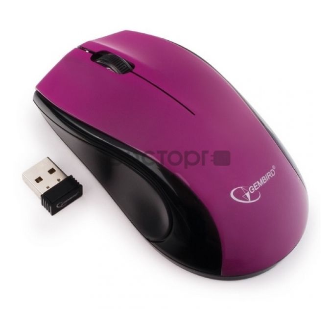 Мышь беспроводная Gembird MUSW-320-P, 2.4ГГц, фиолетовый, 2 кнопки+колесо-кнопка, 1000 DPI, батарейки в комплекте, блистер