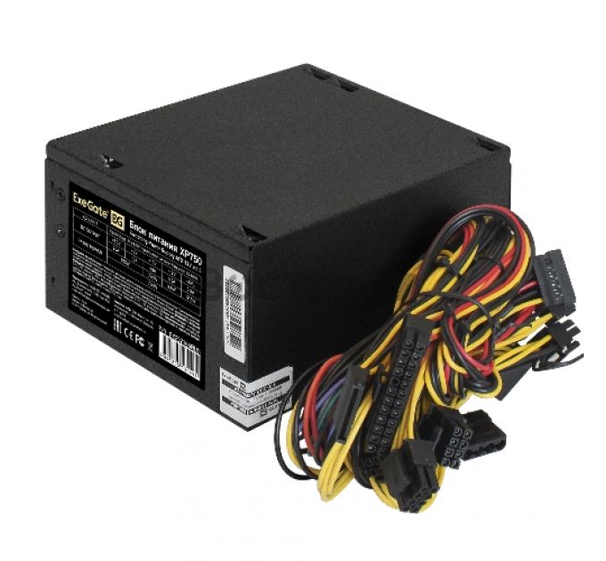 Блок питания 750W ExeGate XP750 (ATX, SC, 12cm fan, 24pin, 4+4pin, 2xPCI-E, 3xSATA, 3xIDE, black, кабель 220V с защитой от выдергивания)