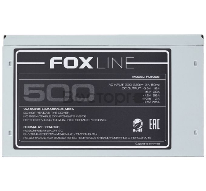 Блок питания ATX Foxline FL500S 500Вт, NOPFC, 120FAN, 3xSATA, 2xPATA, 1xFDD, 1xPCI-E, 24+4