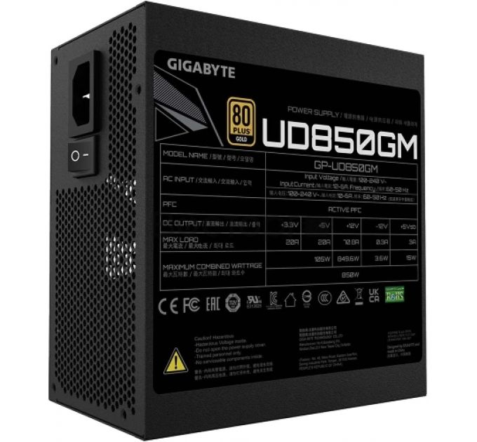 Блок питания Gigabyte ATX 850W GP-UD850GM 80+ gold 24+2x(4+4) pin APFC 120mm fan 8xSATA Cab Manag RTL