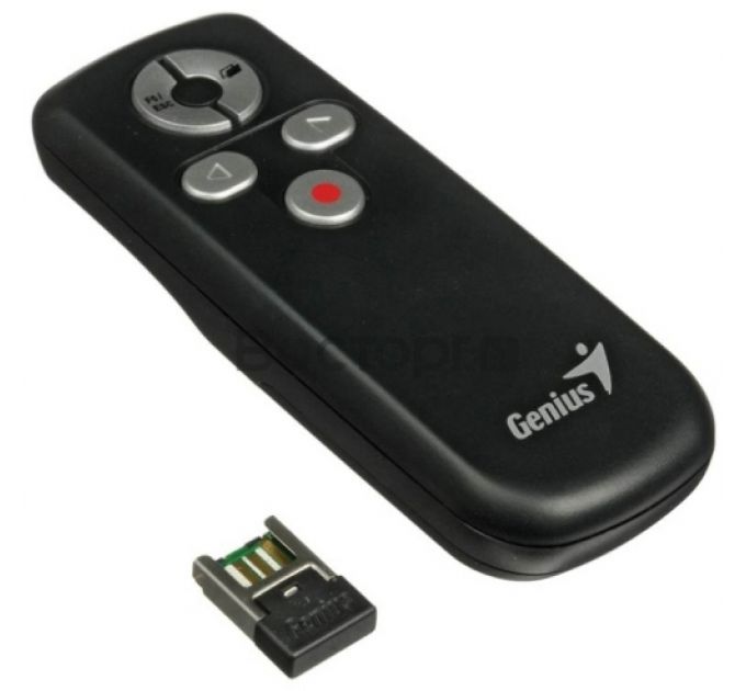 Презентер Genius MEDIA POINTER 100, 5 keys [ESC/F5, Blank, Page Up, Page Down, Laser- Pointer], W 2.4Ghz, 2xAAA, USB, Black. Презентер Genius MEDIA POINTER 100, 5 keys [ESC/F5, Blank, Page Up, Page Down, Laser- Pointer], W 2.4Ghz, 2xAAA, USB, Black.