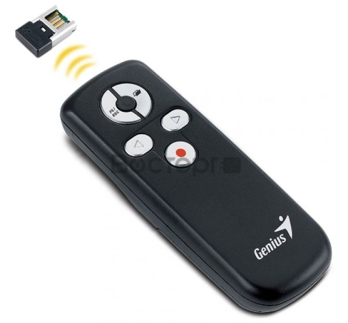 Презентер Genius MEDIA POINTER 100, 5 keys [ESC/F5, Blank, Page Up, Page Down, Laser- Pointer], W 2.4Ghz, 2xAAA, USB, Black. Презентер Genius MEDIA POINTER 100, 5 keys [ESC/F5, Blank, Page Up, Page Down, Laser- Pointer], W 2.4Ghz, 2xAAA, USB, Black.