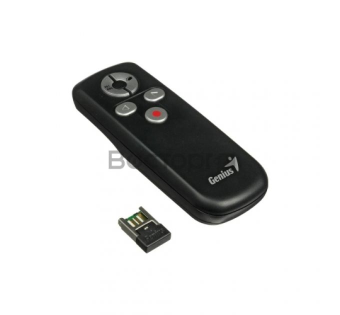 Презентер Genius MEDIA POINTER 100, 5 keys [ESC/F5, Blank, Page Up, Page Down, Laser- Pointer], W 2.4Ghz, 2xAAA, USB, Black. Презентер Genius MEDIA POINTER 100, 5 keys [ESC/F5, Blank, Page Up, Page Down, Laser- Pointer], W 2.4Ghz, 2xAAA, USB, Black.