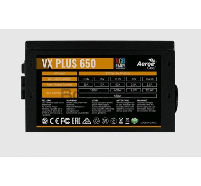 Блок питания Aerocool VX Plus 650 RGB 650W, ATX v2.3, RGB Fan 12cm, 500mm cable, Retail (VX PLUS 650 RGB)