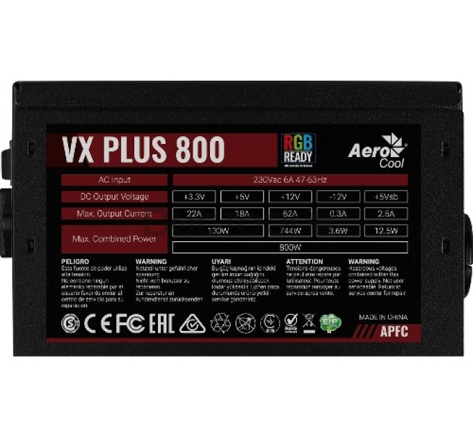 Блок питания Aerocool VX Plus 800 RGB 800W, ATX v2.3, RGB Fan 12cm, 500mm cable, Retail (VX PLUS 800 RGB)