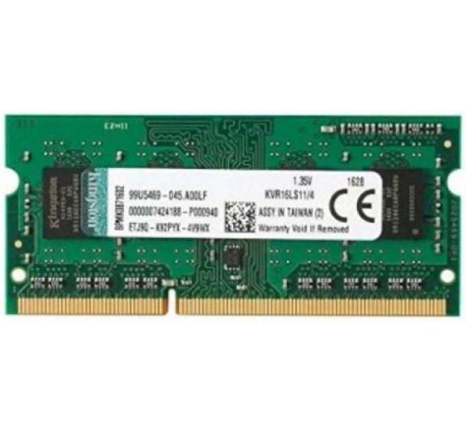 Модуль памяти SODIMM DDR3 4GB Kingston KVR16LS11/4WP 1600MHz, Non-ECC, CL11, 1.35V, Unbuffered, 1R