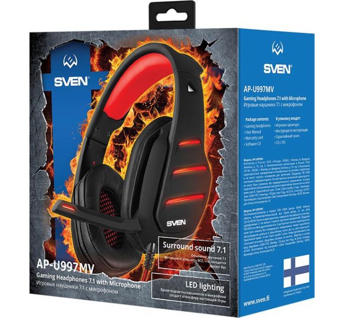 Игровые наушники с микрофоном SVEN AP-U997MV, черный-красный (USB, LED, 7,1) Sven SV-017507