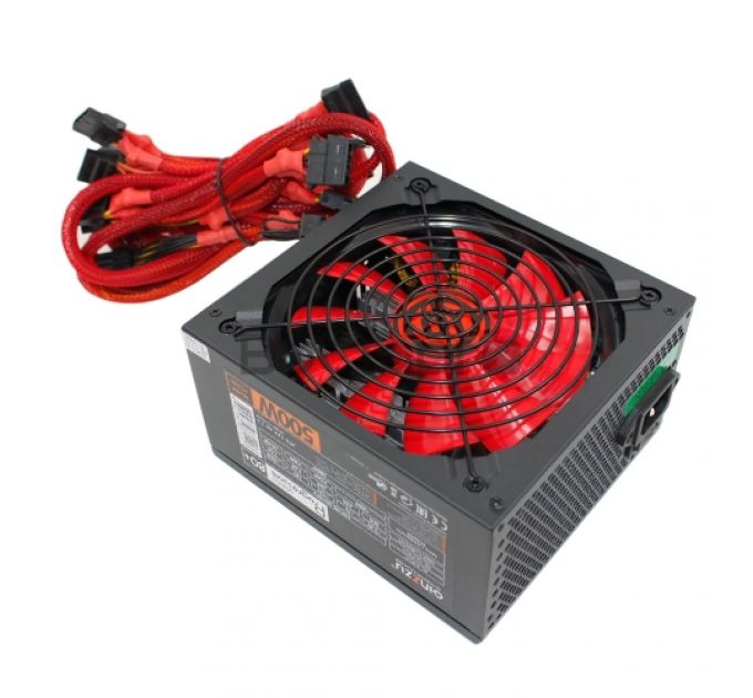 Блок питания Ginzzu PC500 14CM(Red) 80+ black,APFC,24+4p,2 PCI-E(6+2), 5*SATA, 4*IDE,оплетка, кабель питания,цветная коробка