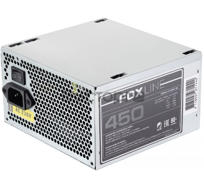 Блок питания ATX Foxline FL450S-80 450W, APFC, 120mm fan, CPU 4+4  pin, MB 24pin, 5xSATA, 2xPATA, FDD, PCI-E 6pin, 80+