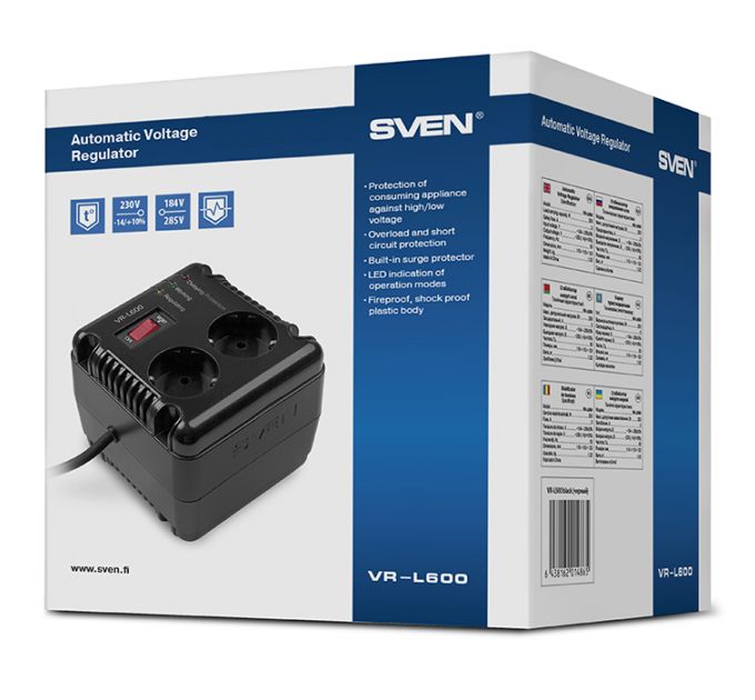 Стабилизатор SVEN VR-L 600, релейный, 200вт, 184-285в, 2 евророзетки, черный, габариты 118 ? 106 ? 112мм, 1.4кг. SVEN VR-L600 (SV-014865)