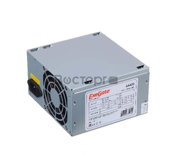 Блок питания 400W ExeGate AA400, ATX, PC, 8cm fan, 24p+4p, 2*SATA, 1*IDE + кабель 220V в комплекте