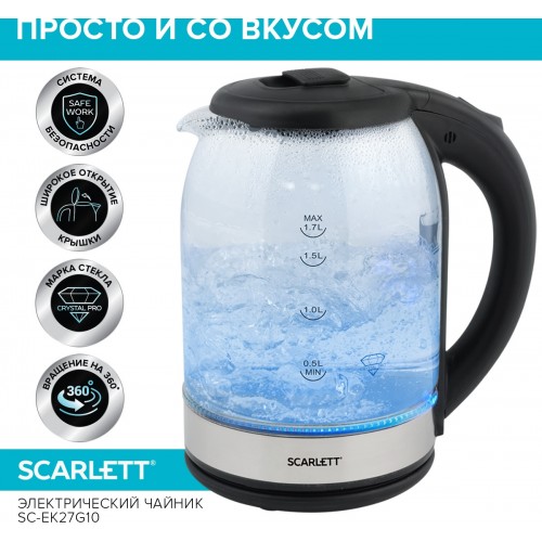Чайник электрический Scarlett SC-EK27G10 1.7л. 1800Вт черный/серебристый корпус: стекло/пластик