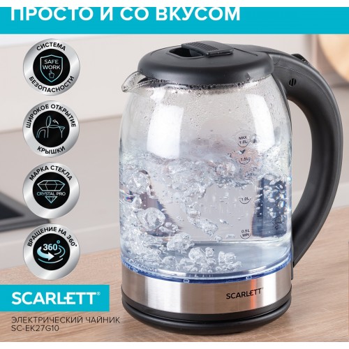 Чайник электрический Scarlett SC-EK27G10 1.7л. 1800Вт черный/серебристый корпус: стекло/пластик