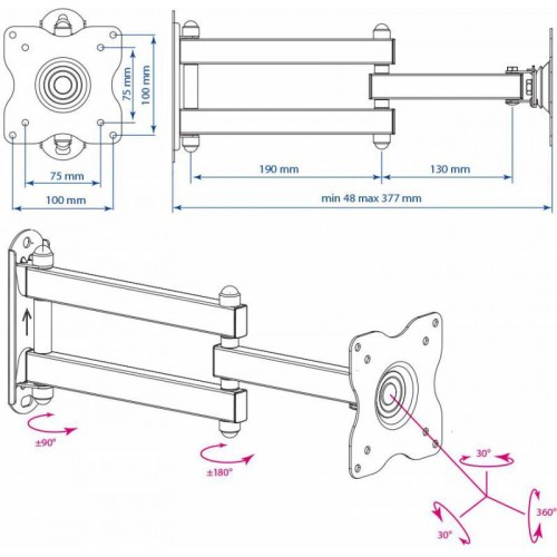 Кронштейн для телевизора Kromax DIX-15 черный 15"-28" макс.30кг настенный поворот и наклон