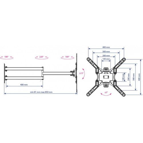 Кронштейн для телевизора Kromax DIX-25 черный 24"-55" макс.20кг настенный поворотно-выдвижной и наклонный