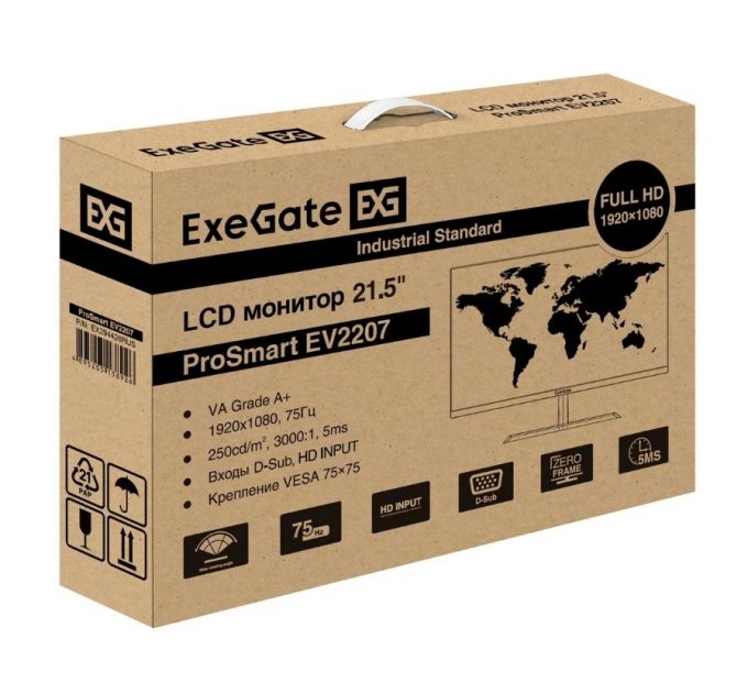 Монитор 22" ExeGate ProSmart EV2207 VA 1920x1080, 75 Гц, 5 мс, 16:9, 250 кд/м2, 1xHDMI, 1xVGA, черны
