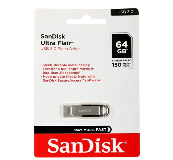 Флеш диск Sandisk 64Gb Cruzer Ultra Flair SDCZ73-064G-G46 USB3.0 серебристый/черный