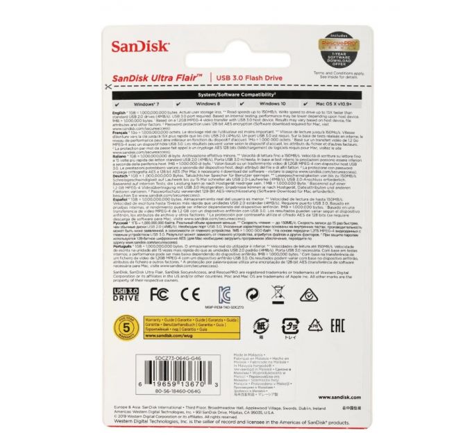 Флеш диск Sandisk 64Gb Cruzer Ultra Flair SDCZ73-064G-G46 USB3.0 серебристый/черный