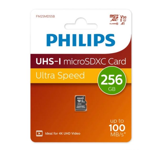 Флеш карта microSD 256GB PHILIPS High Speed  microSDHC Class UHS-I U3, V30, A1, 100MB/s