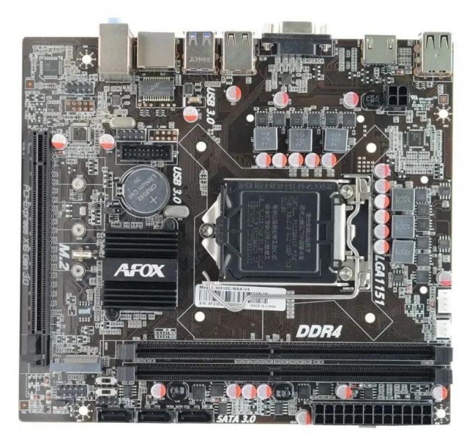 Материнская плата AFOX IH310C-MA6-V4, LGA 1151, Intel 310C, 2xDDR4, 3xSATA, 1xM.2, 1xPCIe 3.0 x16, 1