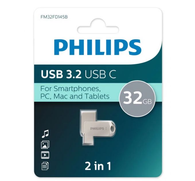 Флеш диск 32Gb PHILIPS 2-in-1 USB 3.2 USB C, OTG, USB 3.2/Type-C, Металл, 100 MB/s