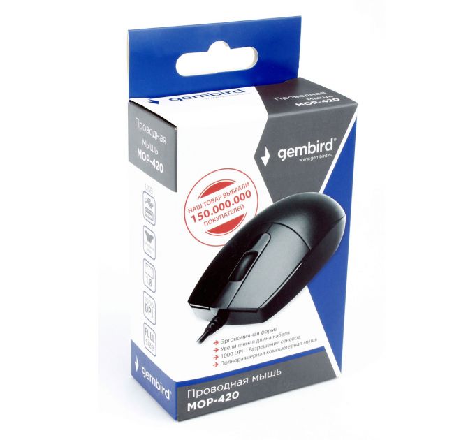 Мышь проводная Gembird MOP-420 черный, 1000 dpi, USB, кнопки - 3