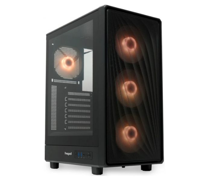Корпус без блока питания HSPD M510, Mesh Mid Tower, черный, TG, 0.5 SPCC, no fans ATX, mATX, mITX 18