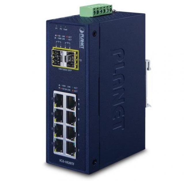 Коммутатор PLANET IP30 Industrial 8-Port 10/100/1000T + 2-Port 100/1000X SFP Ethernet Switch (-40~75