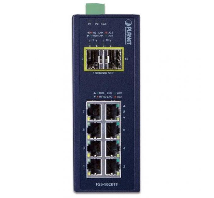 Коммутатор PLANET IP30 Industrial 8-Port 10/100/1000T + 2-Port 100/1000X SFP Ethernet Switch (-40~75